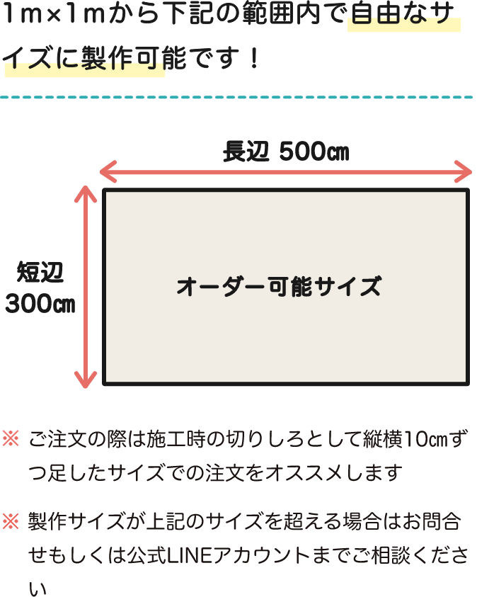 1ｍ×1ｍから下記の範囲内で自由なサイズに製作可能です！